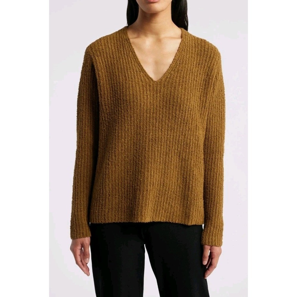Eileen Fisher Organic Cotton Fluff Cashmere Sweater Womens XL Brown V-Neck NWT